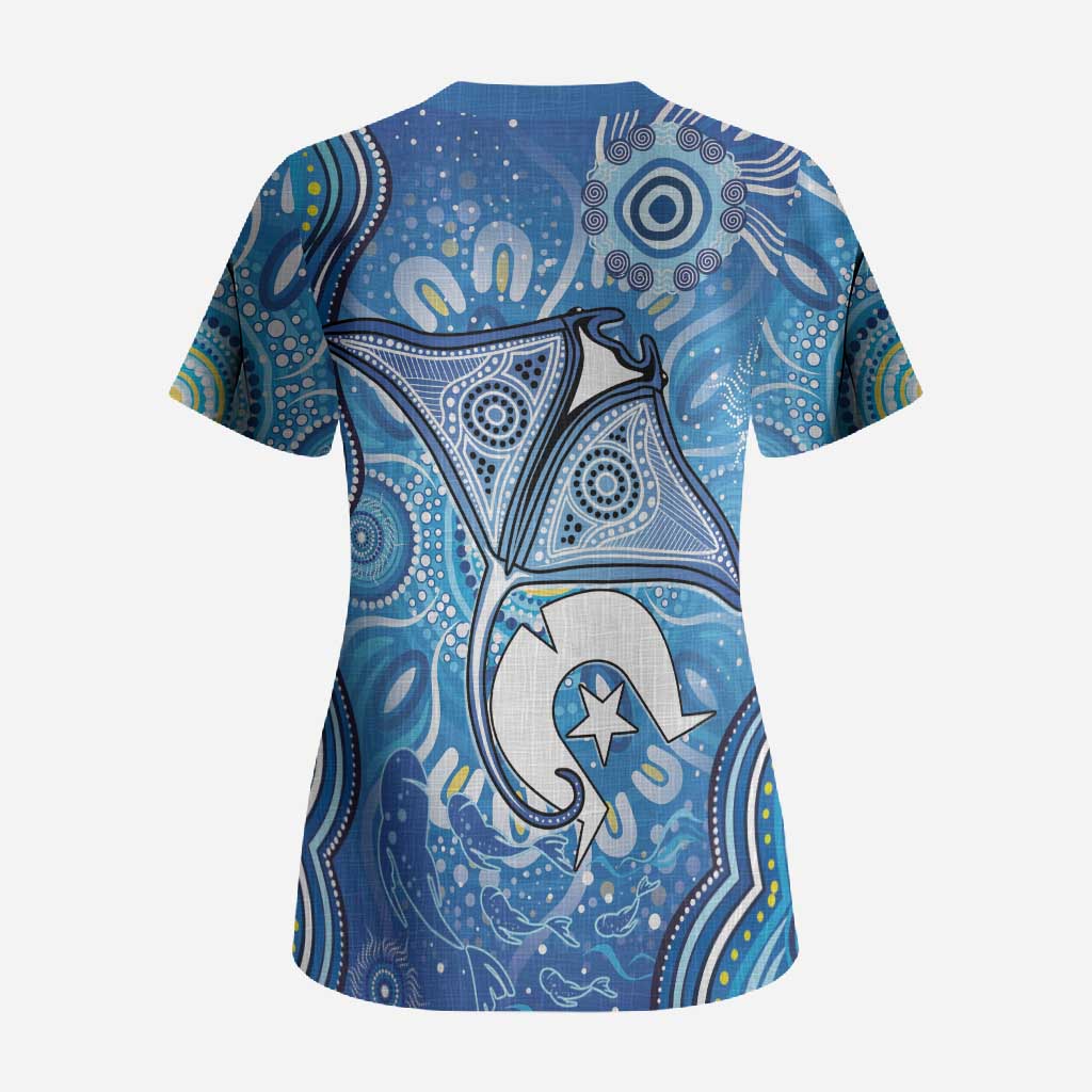 Torres Strait Islander Dhari Stingray Scrub Top Aboriginal Dot Art Blue Pastel Style