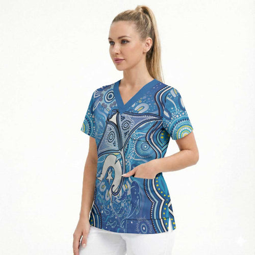 Torres Strait Islander Dhari Stingray Scrub Top Aboriginal Dot Art Blue Pastel Style