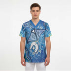 Torres Strait Islander Dhari Stingray Scrub Top Aboriginal Dot Art Blue Pastel Style