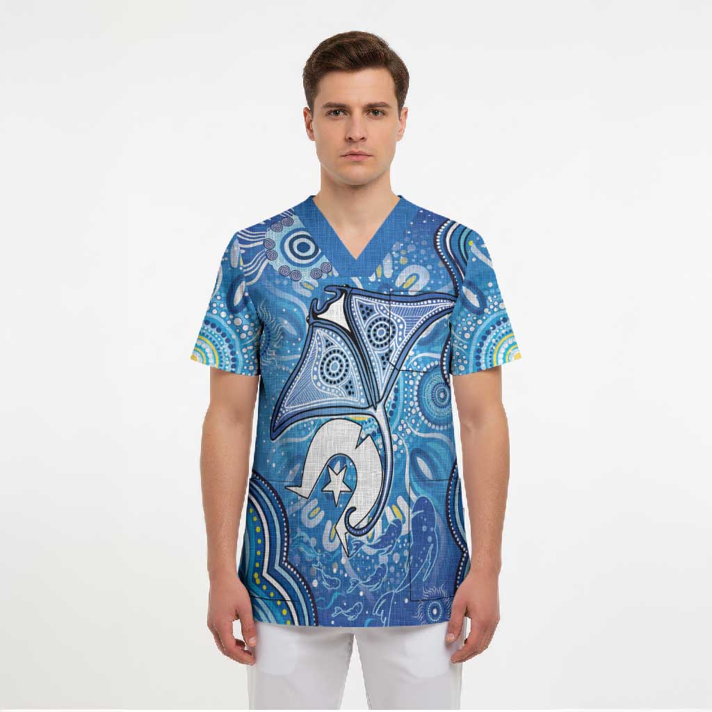 Torres Strait Islander Dhari Stingray Scrub Top Aboriginal Dot Art Blue Pastel Style