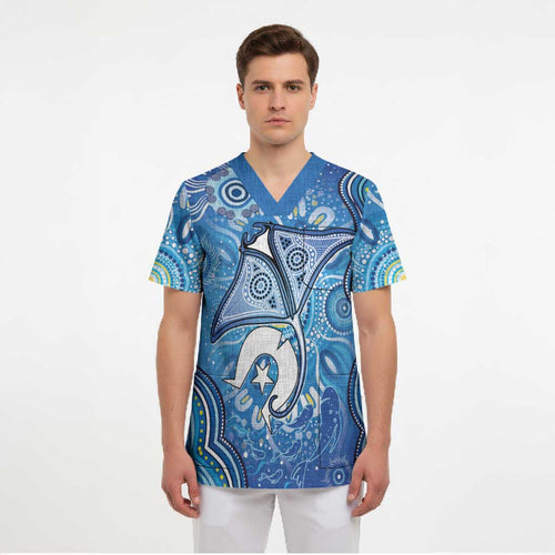 Torres Strait Islander Dhari Stingray Scrub Top Aboriginal Dot Art Blue Pastel Style