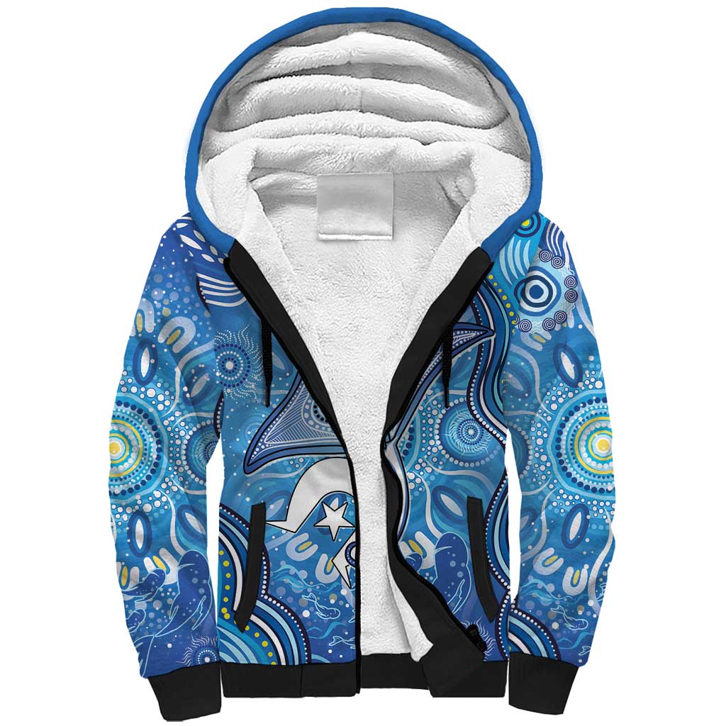 Torres Strait Islander Dhari Stingray Sherpa Hoodie Aboriginal Dot Art Blue Pastel Style