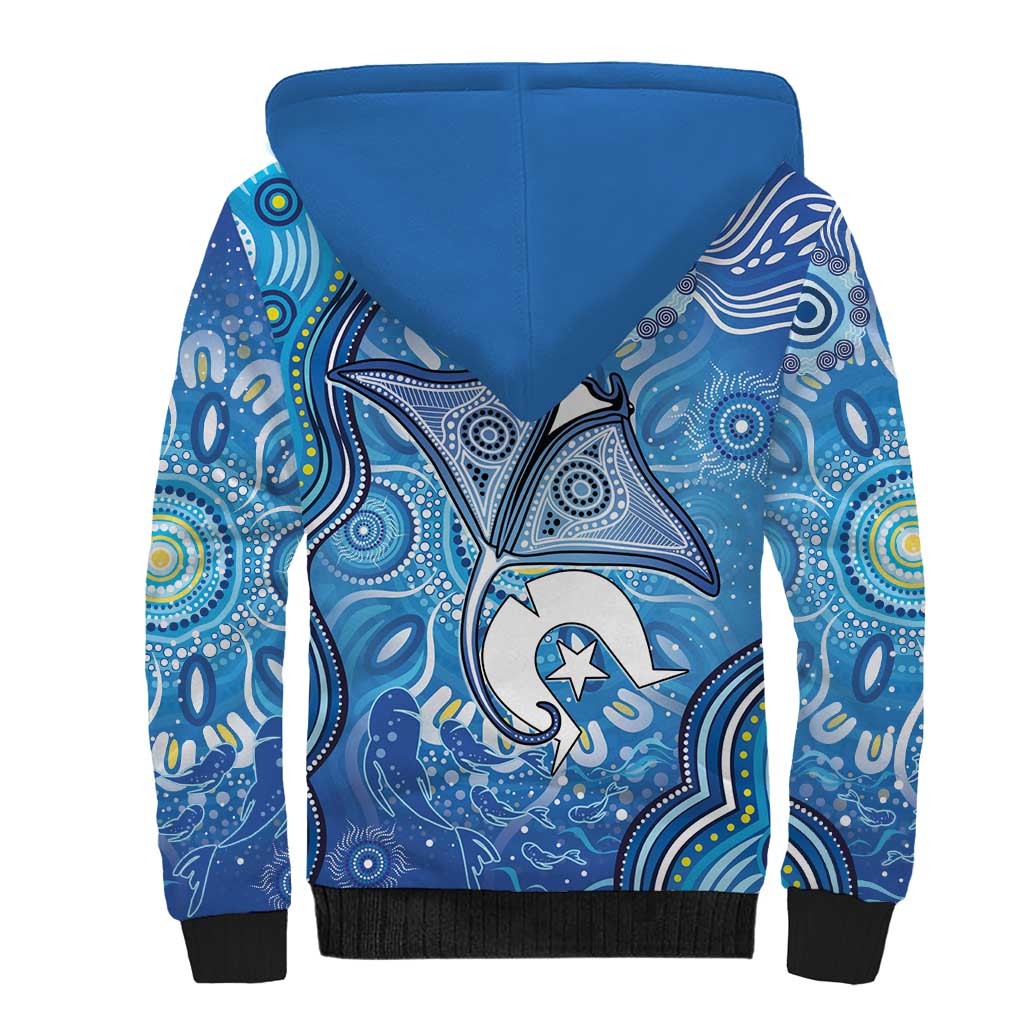Torres Strait Islander Dhari Stingray Sherpa Hoodie Aboriginal Dot Art Blue Pastel Style