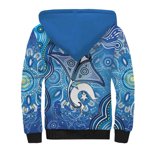 Torres Strait Islander Dhari Stingray Sherpa Hoodie Aboriginal Dot Art Blue Pastel Style