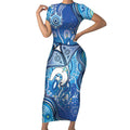 Torres Strait Islander Dhari Stingray Short Sleeve Bodycon Dress Aboriginal Dot Art Blue Pastel Style