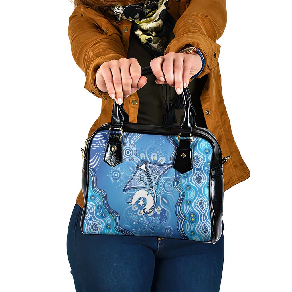 Torres Strait Islander Dhari Stingray Shoulder Handbag Aboriginal Dot Art Blue Pastel Style