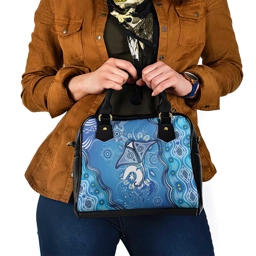 Torres Strait Islander Dhari Stingray Shoulder Handbag Aboriginal Dot Art Blue Pastel Style