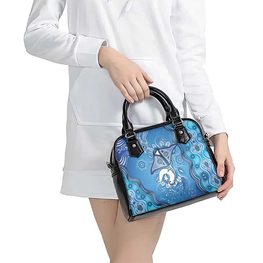 Torres Strait Islander Dhari Stingray Shoulder Handbag Aboriginal Dot Art Blue Pastel Style