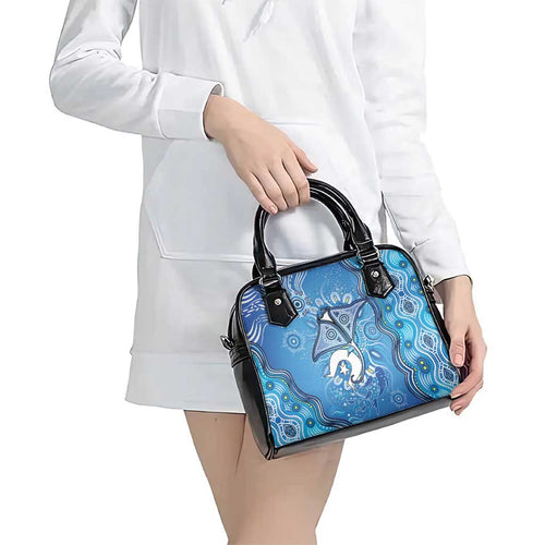 Torres Strait Islander Dhari Stingray Shoulder Handbag Aboriginal Dot Art Blue Pastel Style