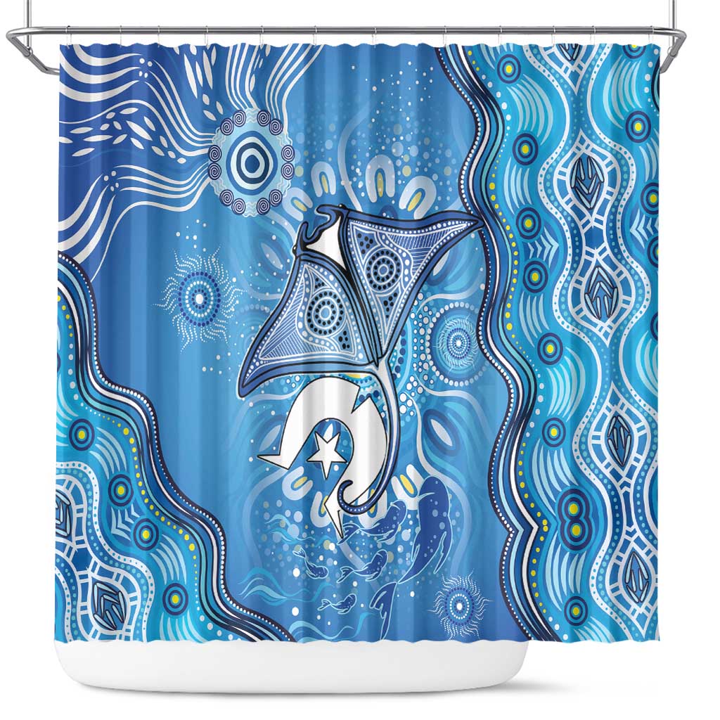 Torres Strait Islander Dhari Stingray Shower Curtain Aboriginal Dot Art Blue Pastel Style