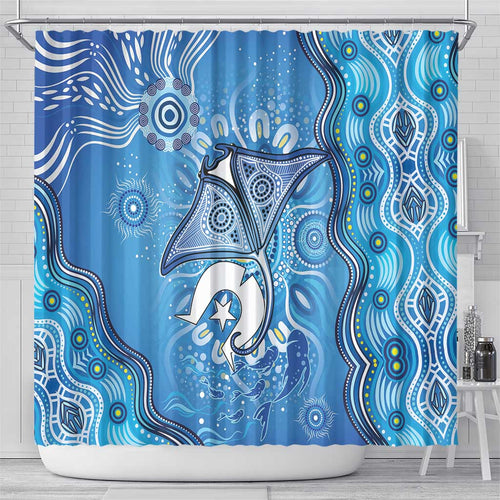 Torres Strait Islander Dhari Stingray Shower Curtain Aboriginal Dot Art Blue Pastel Style