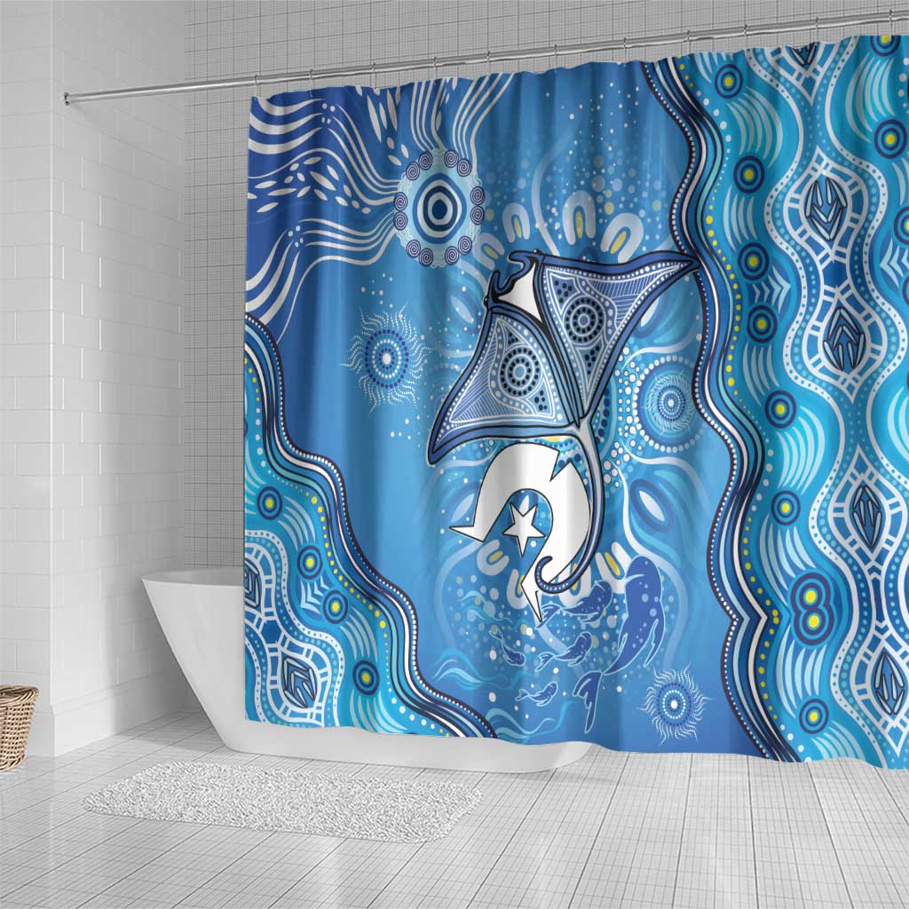 Torres Strait Islander Dhari Stingray Shower Curtain Aboriginal Dot Art Blue Pastel Style