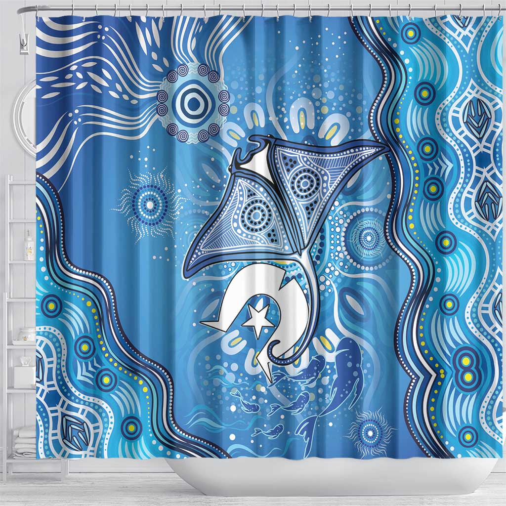Torres Strait Islander Dhari Stingray Shower Curtain Aboriginal Dot Art Blue Pastel Style