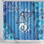 Torres Strait Islander Dhari Stingray Shower Curtain Aboriginal Dot Art Blue Pastel Style
