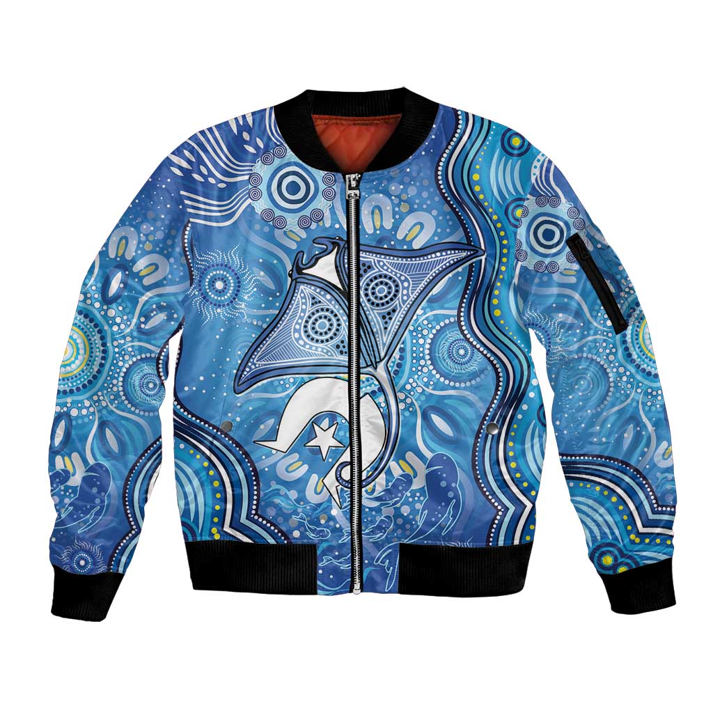 Torres Strait Islander Dhari Stingray Sleeve Zip Bomber Jacket Aboriginal Dot Art Blue Pastel Style
