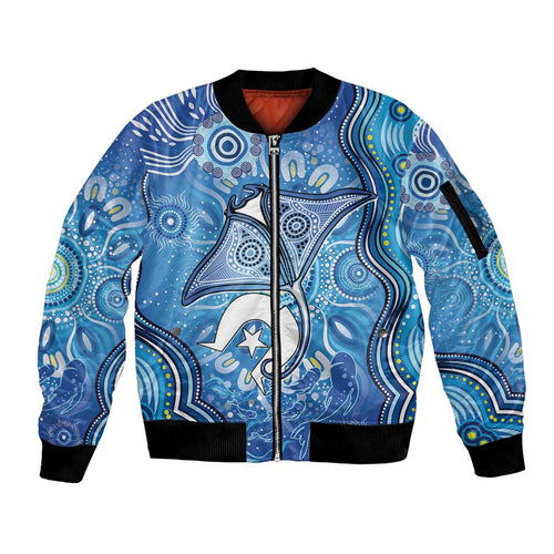 Torres Strait Islander Dhari Stingray Sleeve Zip Bomber Jacket Aboriginal Dot Art Blue Pastel Style