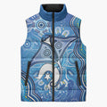 Torres Strait Islander Dhari Stingray Sleeveless Puffer Jacket Aboriginal Dot Art Blue Pastel Style