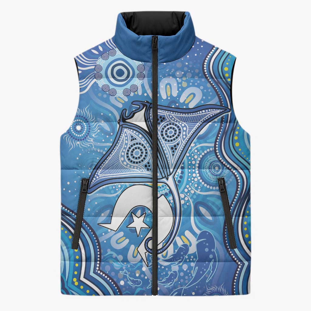 Torres Strait Islander Dhari Stingray Sleeveless Puffer Jacket Aboriginal Dot Art Blue Pastel Style