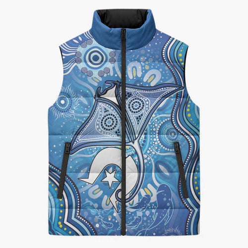 Torres Strait Islander Dhari Stingray Sleeveless Puffer Jacket Aboriginal Dot Art Blue Pastel Style