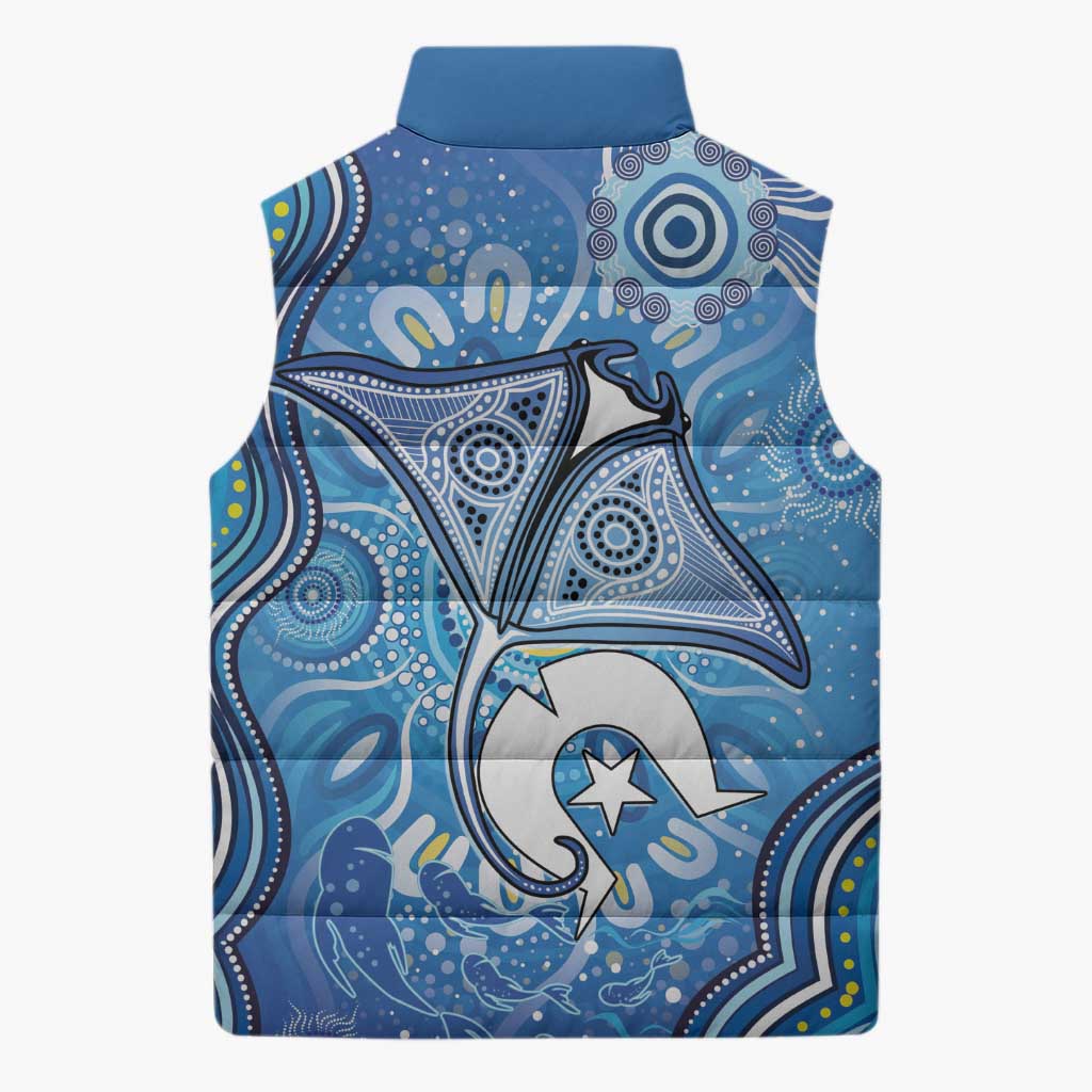 Torres Strait Islander Dhari Stingray Sleeveless Puffer Jacket Aboriginal Dot Art Blue Pastel Style