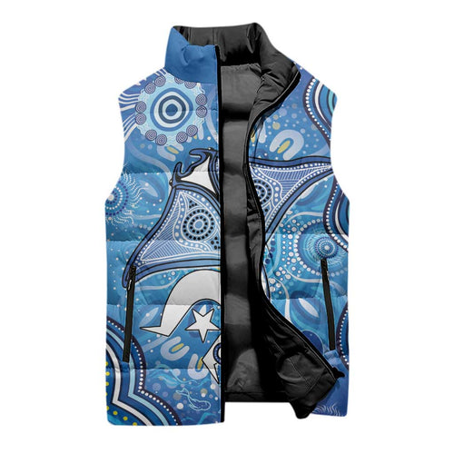 Torres Strait Islander Dhari Stingray Sleeveless Puffer Jacket Aboriginal Dot Art Blue Pastel Style