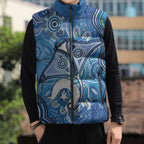Torres Strait Islander Dhari Stingray Sleeveless Puffer Jacket Aboriginal Dot Art Blue Pastel Style