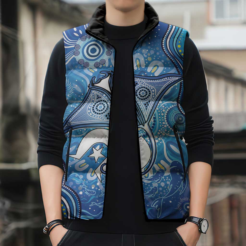 Torres Strait Islander Dhari Stingray Sleeveless Puffer Jacket Aboriginal Dot Art Blue Pastel Style