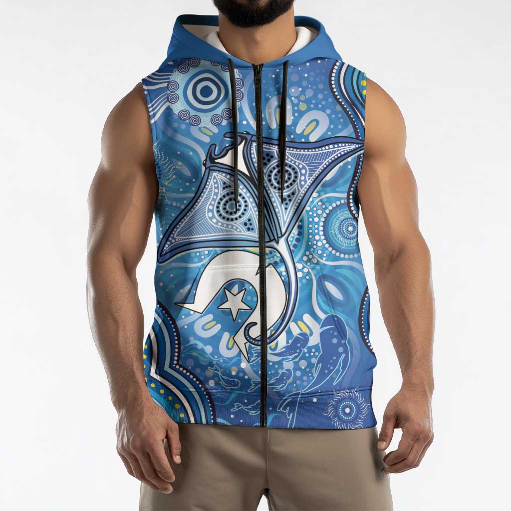 Torres Strait Islander Dhari Stingray Sleeveless Zip Hoodie Aboriginal Dot Art Blue Pastel Style