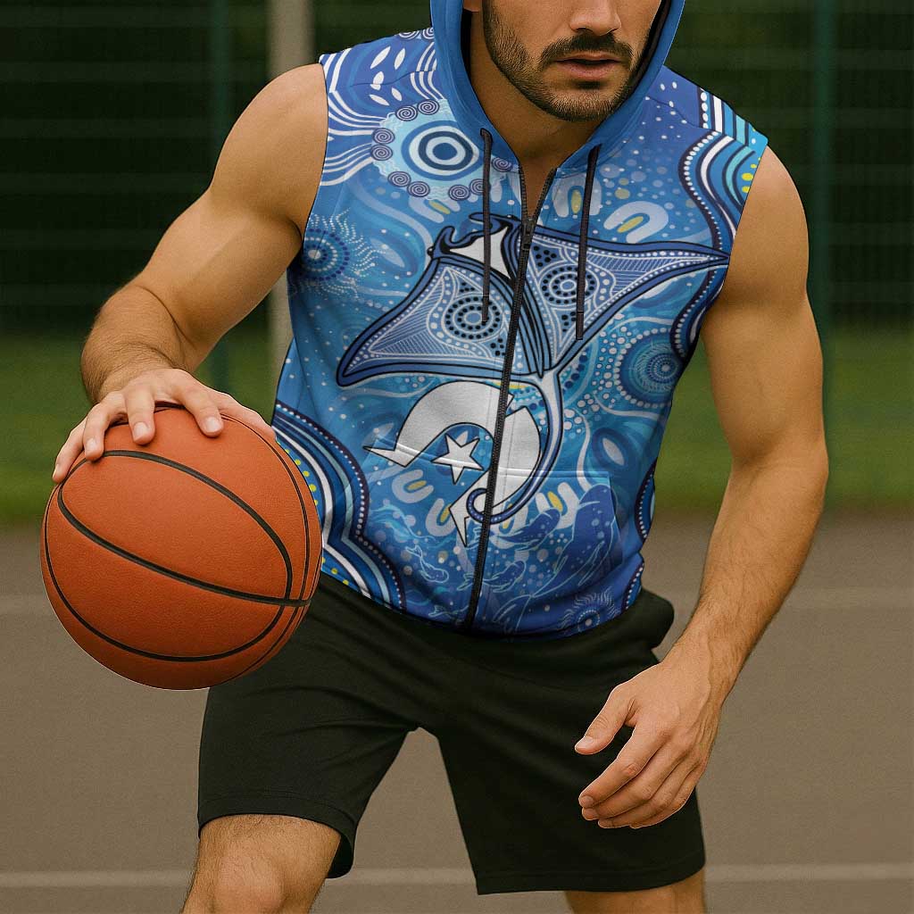 Torres Strait Islander Dhari Stingray Sleeveless Zip Hoodie Aboriginal Dot Art Blue Pastel Style
