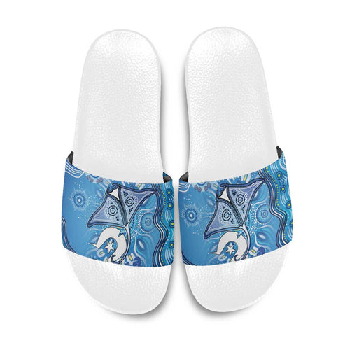 Torres Strait Islander Dhari Stingray Slide Sandals Aboriginal Dot Art Blue Pastel Style
