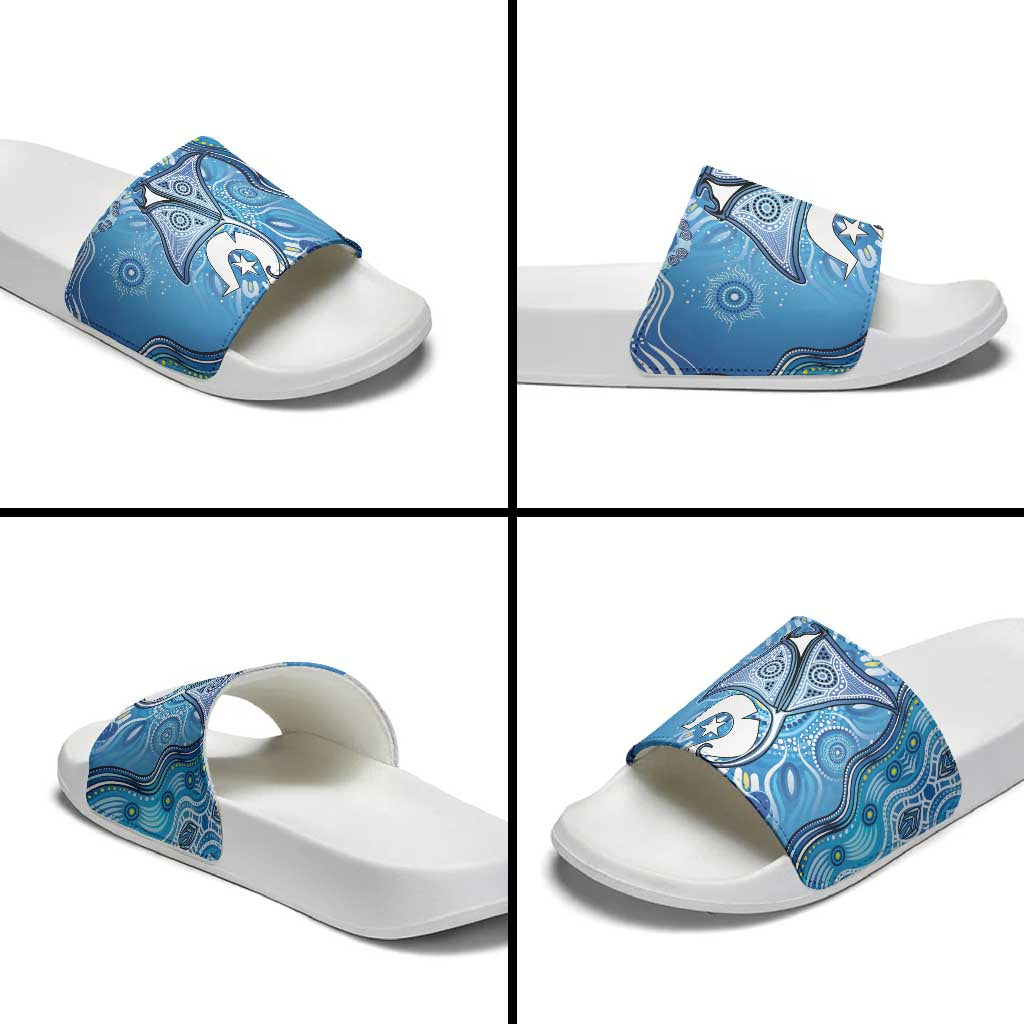 Torres Strait Islander Dhari Stingray Slide Sandals Aboriginal Dot Art Blue Pastel Style