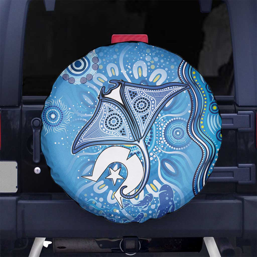 Torres Strait Islander Dhari Stingray Spare Tire Cover Aboriginal Dot Art Blue Pastel Style