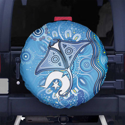 Torres Strait Islander Dhari Stingray Spare Tire Cover Aboriginal Dot Art Blue Pastel Style