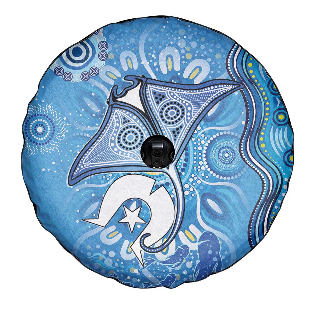 Torres Strait Islander Dhari Stingray Spare Tire Cover Aboriginal Dot Art Blue Pastel Style