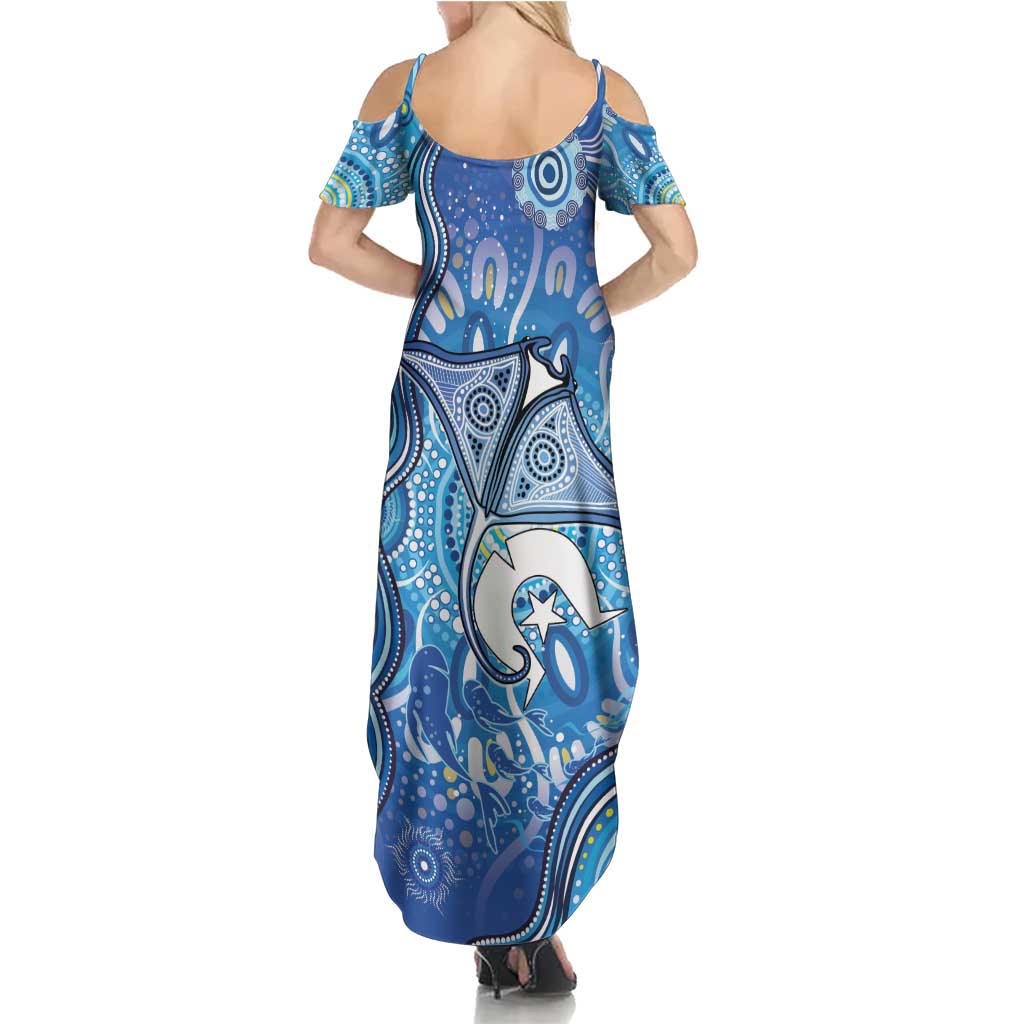 Torres Strait Islander Dhari Stingray Summer Maxi Dress Aboriginal Dot Art Blue Pastel Style