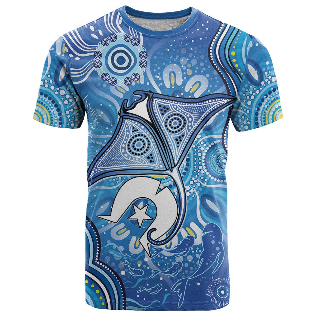 Torres Strait Islander Dhari Stingray T Shirt Aboriginal Dot Art Blue Pastel Style