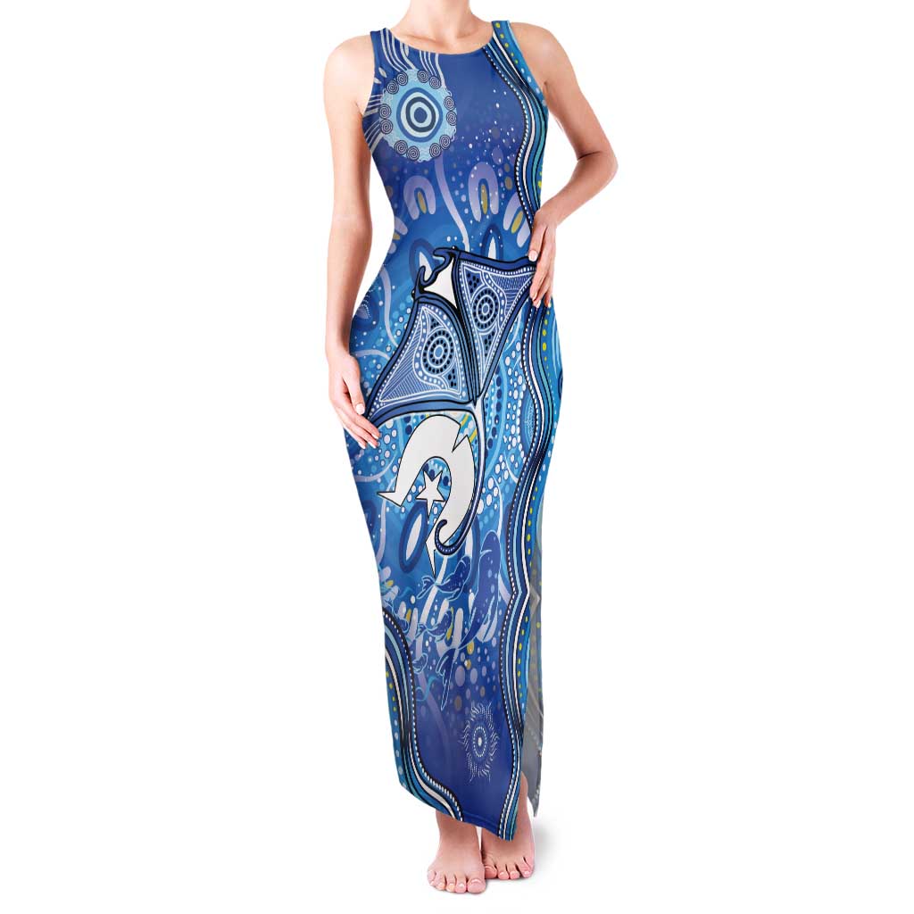 Torres Strait Islander Dhari Stingray Tank Maxi Dress Aboriginal Dot Art Blue Pastel Style