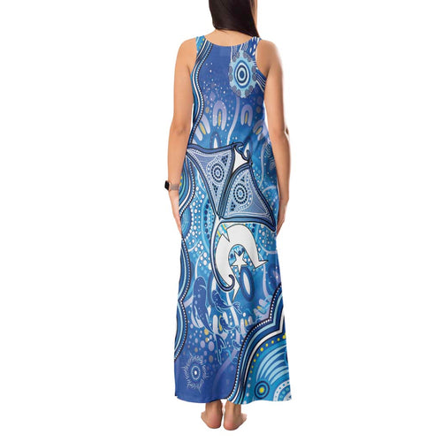 Torres Strait Islander Dhari Stingray Tank Maxi Dress Aboriginal Dot Art Blue Pastel Style