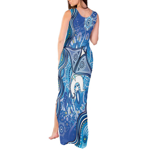 Torres Strait Islander Dhari Stingray Tank Maxi Dress Aboriginal Dot Art Blue Pastel Style