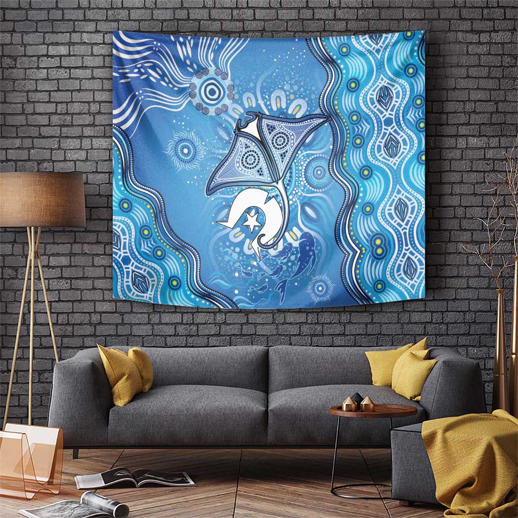 Torres Strait Islander Dhari Stingray Tapestry Aboriginal Dot Art Blue Pastel Style