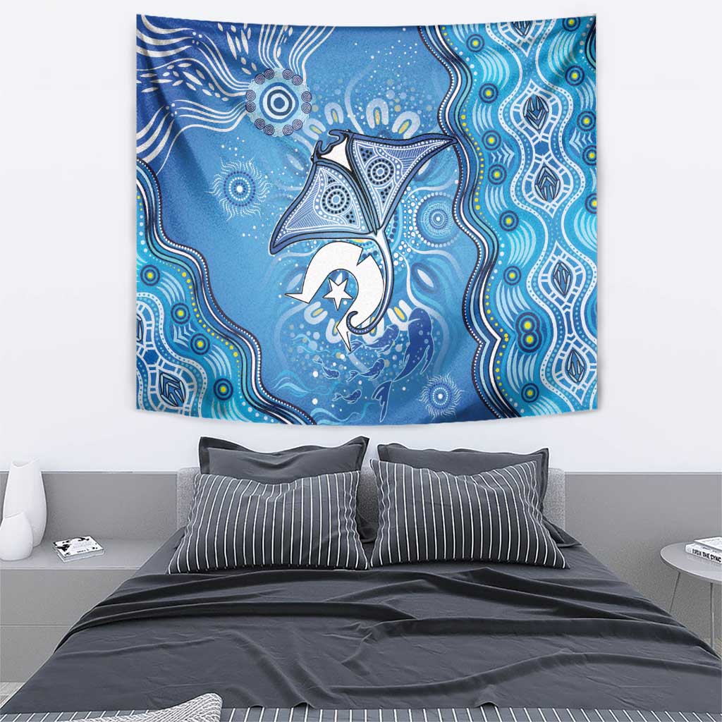 Torres Strait Islander Dhari Stingray Tapestry Aboriginal Dot Art Blue Pastel Style