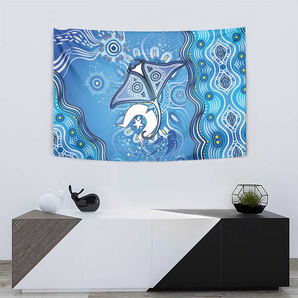 Torres Strait Islander Dhari Stingray Tapestry Aboriginal Dot Art Blue Pastel Style