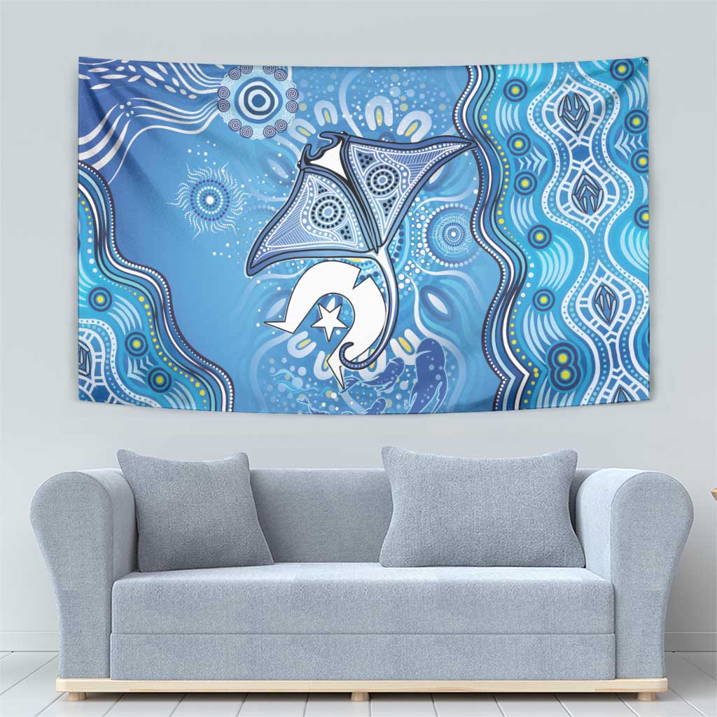 Torres Strait Islander Dhari Stingray Tapestry Aboriginal Dot Art Blue Pastel Style