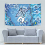 Torres Strait Islander Dhari Stingray Tapestry Aboriginal Dot Art Blue Pastel Style
