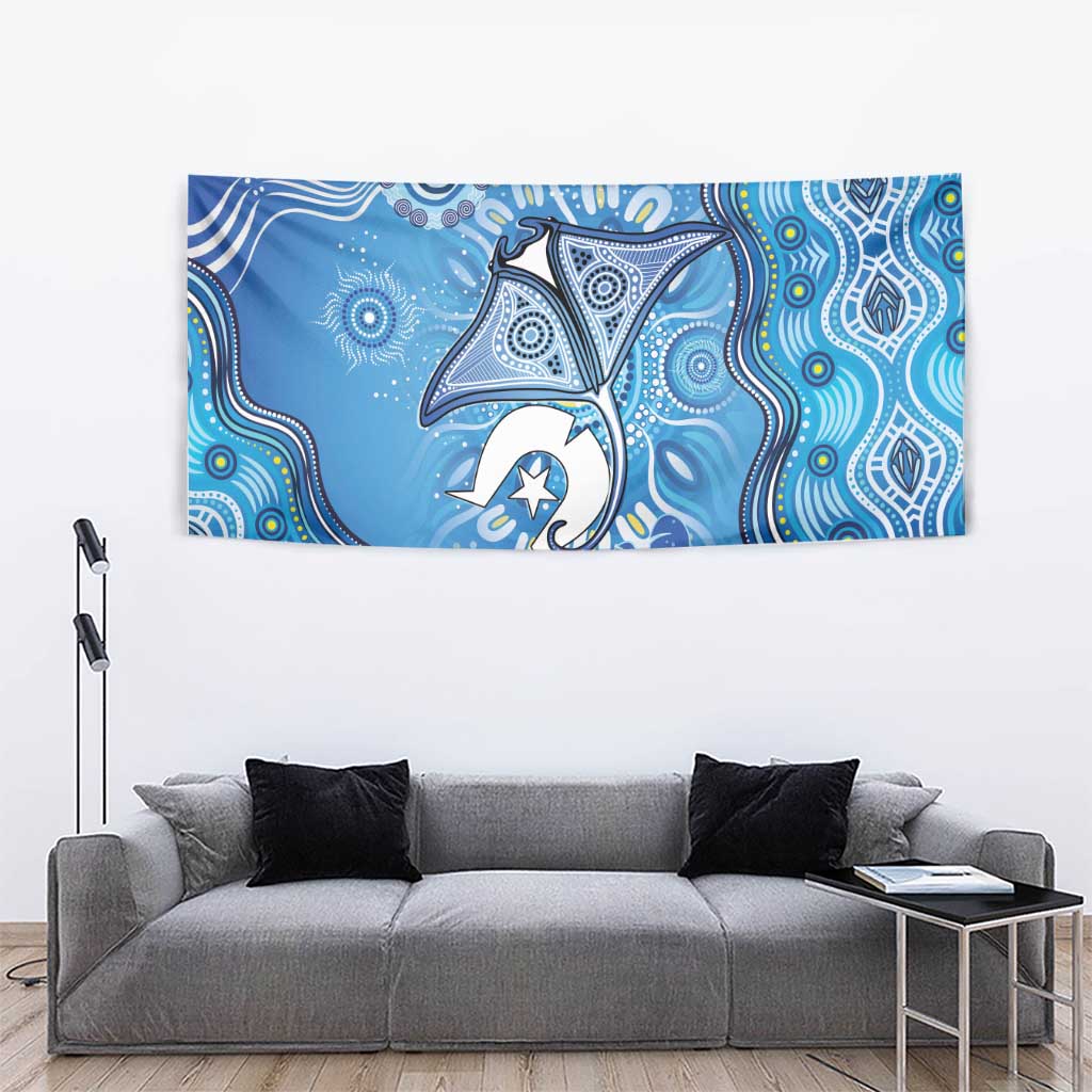 Torres Strait Islander Dhari Stingray Tapestry Aboriginal Dot Art Blue Pastel Style