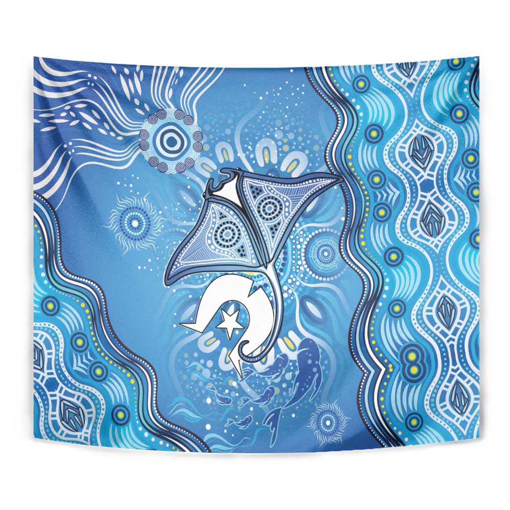Torres Strait Islander Dhari Stingray Tapestry Aboriginal Dot Art Blue Pastel Style