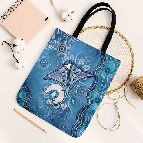 Torres Strait Islander Dhari Stingray Tote Bag Aboriginal Dot Art Blue Pastel Style
