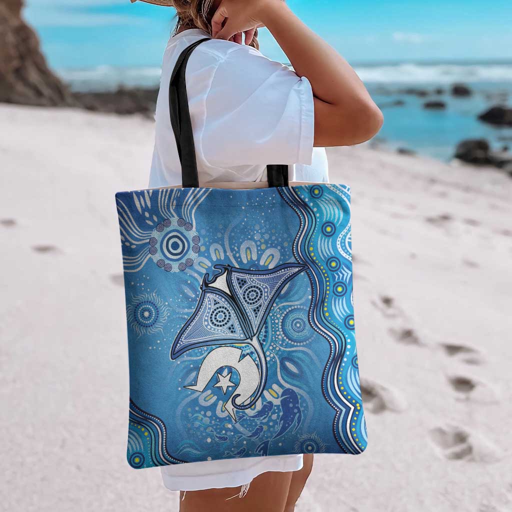 Torres Strait Islander Dhari Stingray Tote Bag Aboriginal Dot Art Blue Pastel Style
