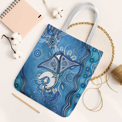 Torres Strait Islander Dhari Stingray Tote Bag Aboriginal Dot Art Blue Pastel Style