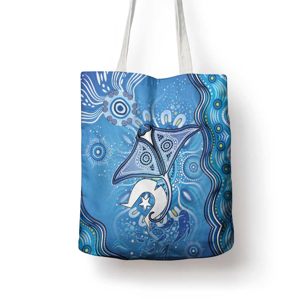 Torres Strait Islander Dhari Stingray Tote Bag Aboriginal Dot Art Blue Pastel Style